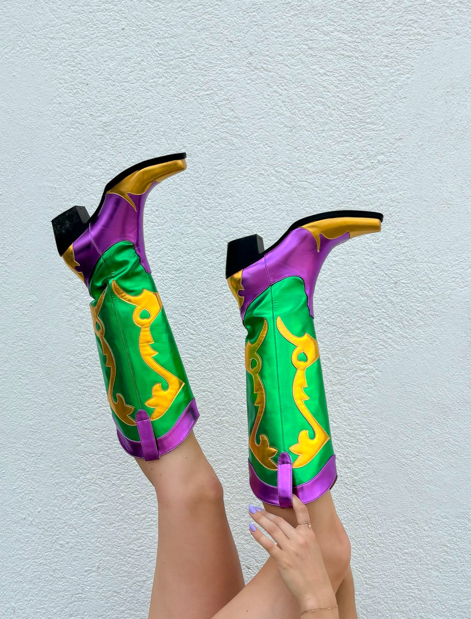 Freshy Green & Purple High-Top Suede Boots with Gold Accents Green Cowgirl Boots | Olive & Light Green Western Styles main image 3