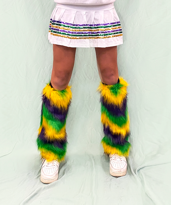 Fuzzy Leg Warmers with Multi Purple Green Gold Stripes – Mardi