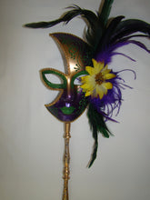 Full Face Mask with Side Flowers and Feathers with Detachable Stick- Gold Accents