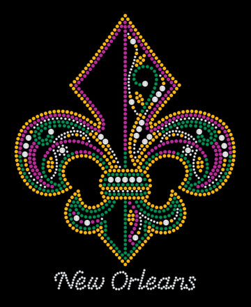 Camiseta de estrás Fleur de Lis morada verde oro con espirales