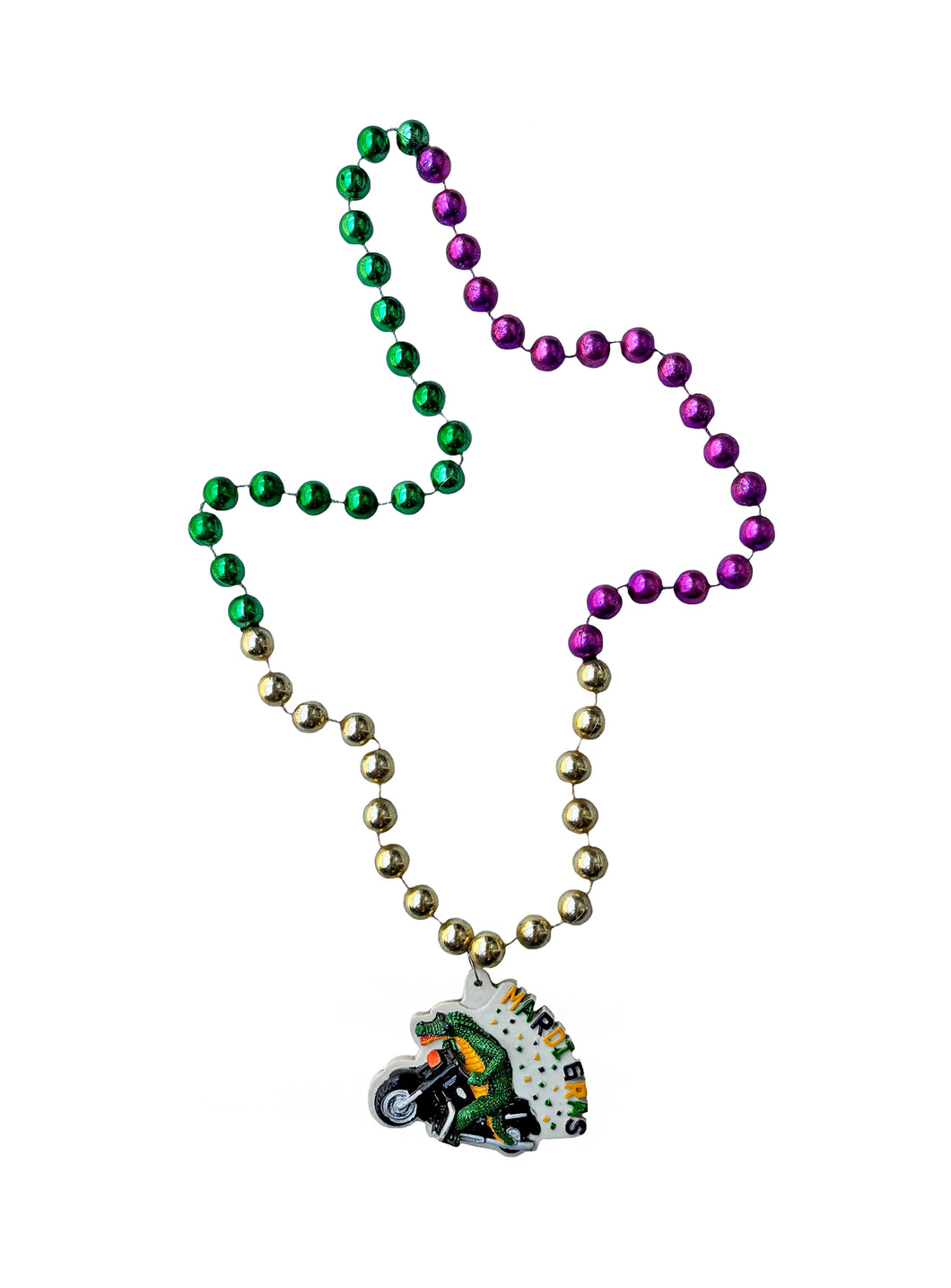 Mardi Gras Alligator Riding Motorcycle on Purple, Green, and Gold Specialty Bead