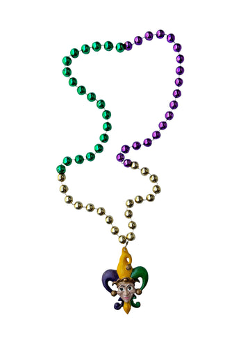 Joker souriant de Mardi Gras sur un collier de perles fantaisie violet, vert et or