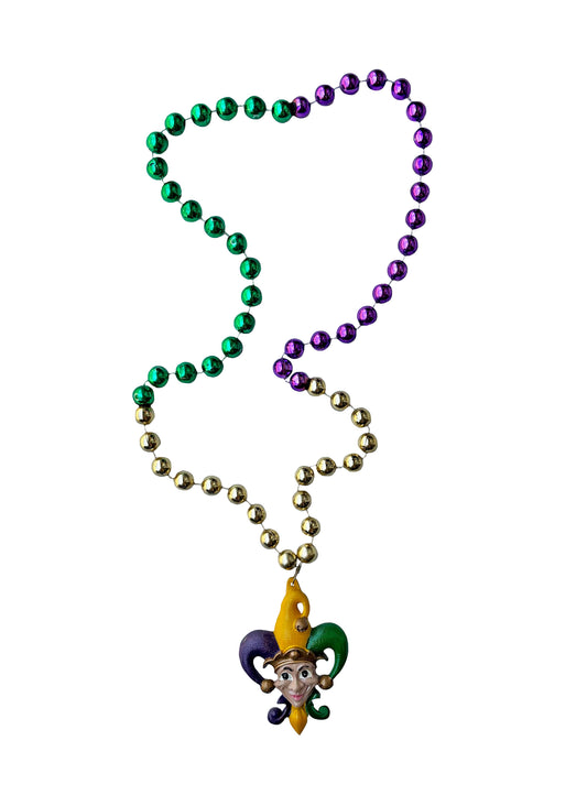Smiling Mardi Gras Jester on Purple, Green, and Gold Specialty Bead