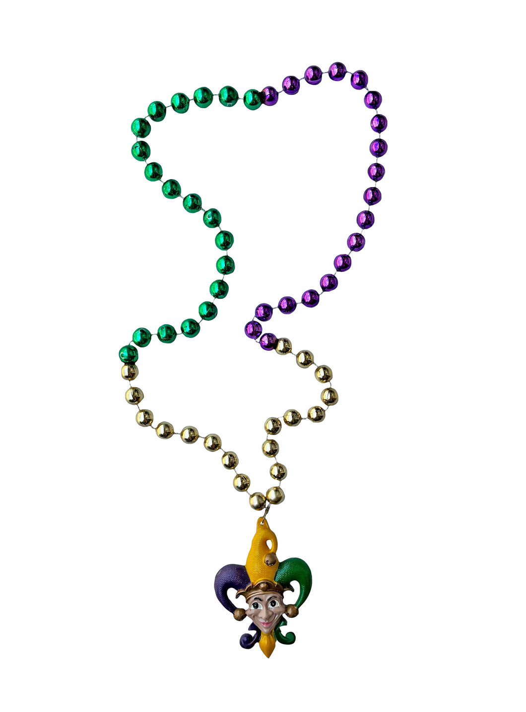 Smiling Mardi Gras Jester on Purple, Green, and Gold Specialty Bead