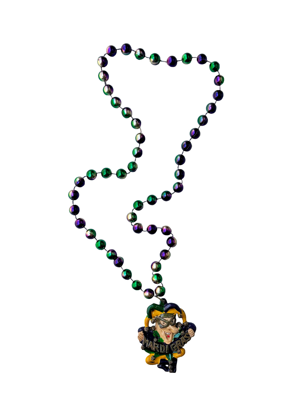 Jester with Mask Holding Mardi Gras a Sign on Multicolor Specialty Bead
