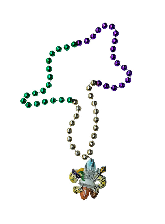 Cathédrale, Superdome, symboles de la Nouvelle-Orléans sur un médaillon en forme de fleur de lys sur un collier de perles spéciales violettes, vertes et dorées