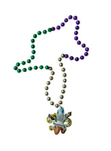 Cathedral, Superdome, NOLA Symbols on a Fleur De Lis Medallion on a Purple Green Gold Specialty Bead