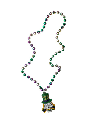 Calavera con sombrero de copa de Mardi Gras en cuentas especiales multicolores