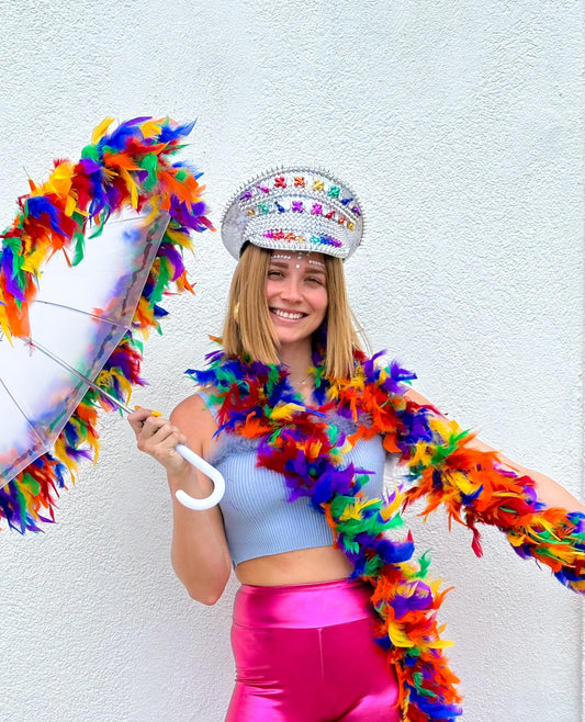 Sombrilla de plumas arcoíris