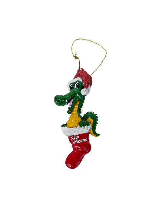 Cheerful Alligator in a Christmas Stocking Ornament
