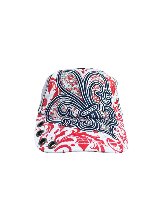 Adult Rhinestone Fleur de Lis Cap With Scroll Print