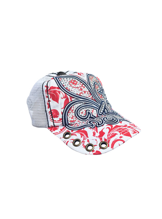 Adult Rhinestone Fleur de Lis Cap With Scroll Print