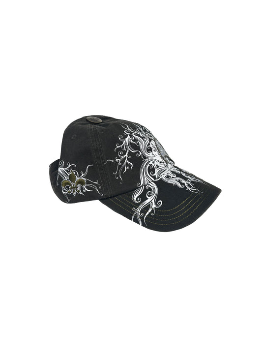 Casquette Fleur de Lys strassée militaire grise et motif abstrait