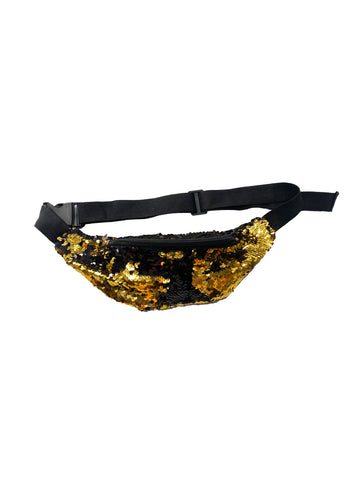 Riñonera de lentejuelas reversibles negras y doradas