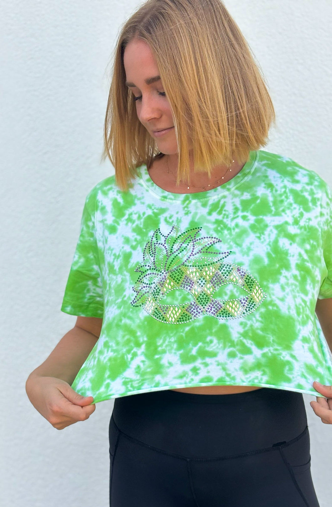 Rhinestone Mask Green Tie Dye Crop Top