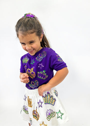 Sudadera ligera de manga corta con corona y antifaces para niños pequeños – Morado