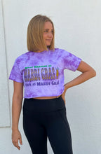 “What Happens at Mardi Gras” Short Sleeve Purple Tie Dye Crop Top