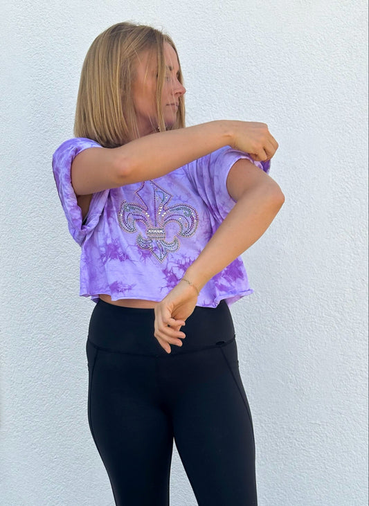 Rhinestone Fleur de Lis Purple Tie Dye Crop Top
