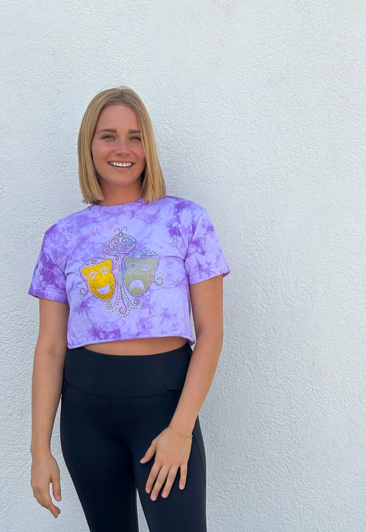 Rhinestone and Glitter Mask Purple Tie Dye Crop Top