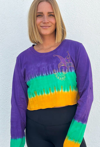 Rhinestone Jester Long Sleeve Tie Dye Crop Top