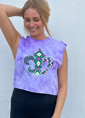 Top corto sin mangas teñido anudado morado con estampado de flor de lis Harlequin