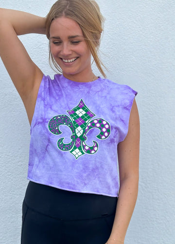 Harlequin Fleur de Lis Purple Tie Dye Tank Crop Top