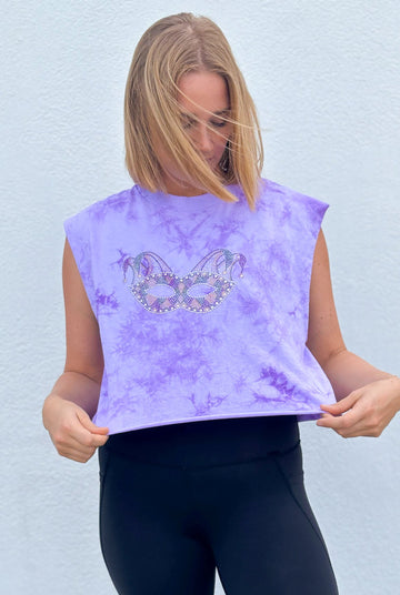 Haut court débardeur tie-dye violet avec masque en strass