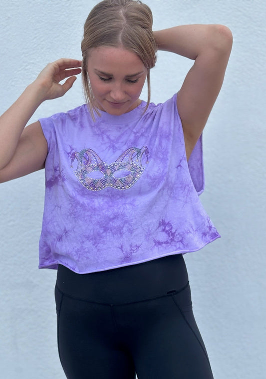 Rhinestone Mask Purple Tie Dye Tank Crop Top