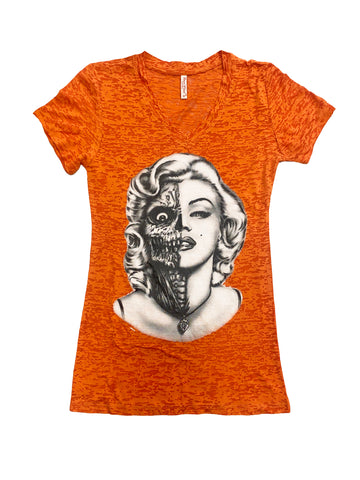 Camiseta Desgastada Naranja de Marilyn Monroe Zombi