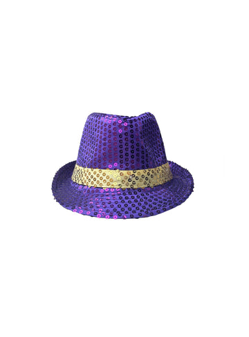 Fedora de lentejuelas moradas y doradas