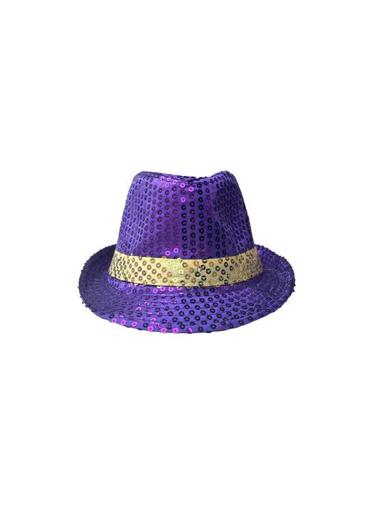 Fedora de lentejuelas moradas y doradas