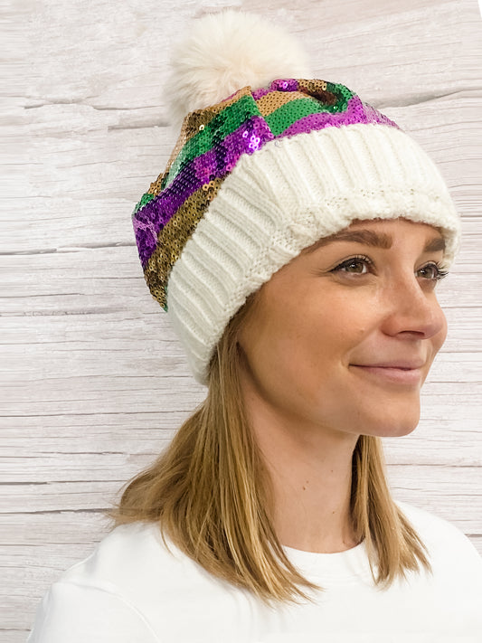 Sequin Beanie with Pom Pom - White