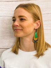 Purple, Green, and Gold Leather Fringe Earrings