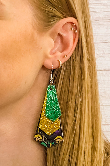 Purple, Green, and Gold Leather Fringe Earrings