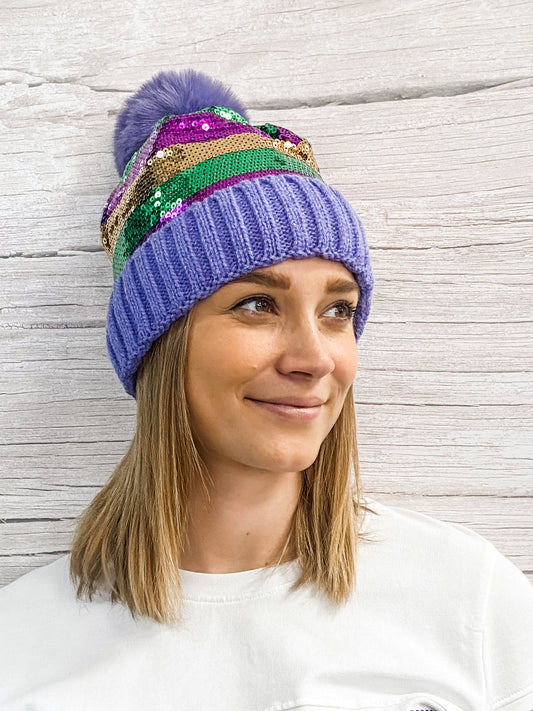 Sequin Beanie with Pom Pom - Lavender