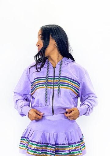 Sudadera Corta con Capucha y Cremallera, con Rayas de Lentejuelas Lavanda en el Pecho