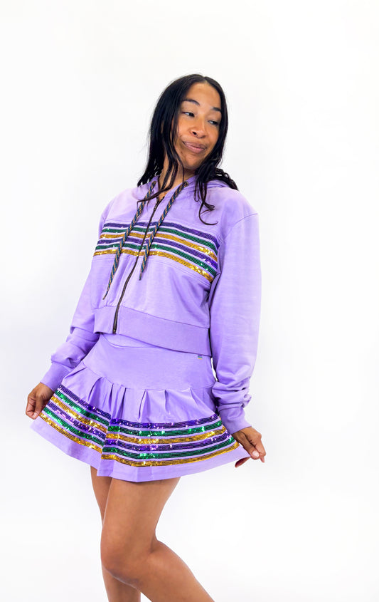 Lavender Sequin Chest Stripe Zip Up Crop Hoodie