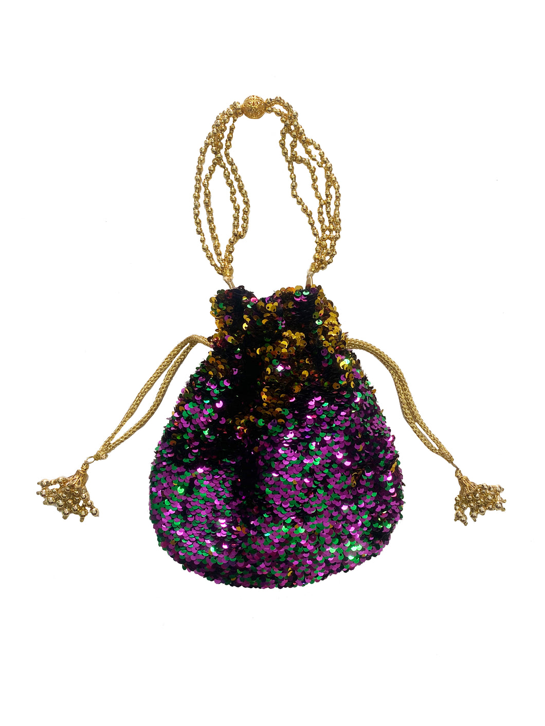 Purple, Green, and Gold Reversible Confetti Sequin Drawstring Purse