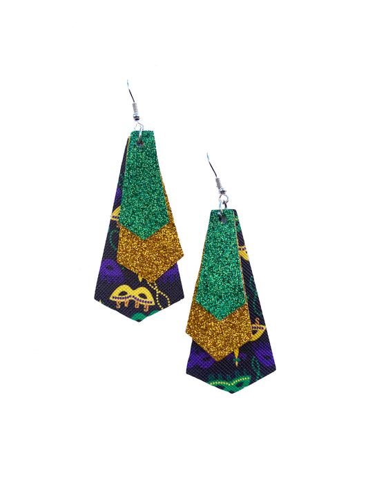 Purple, Green, and Gold Leather Fringe Earrings