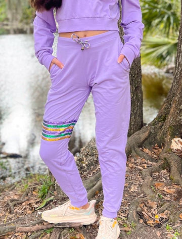 Pantalón Jogger para adulto de felpa francesa con lentejuelas - Lavanda