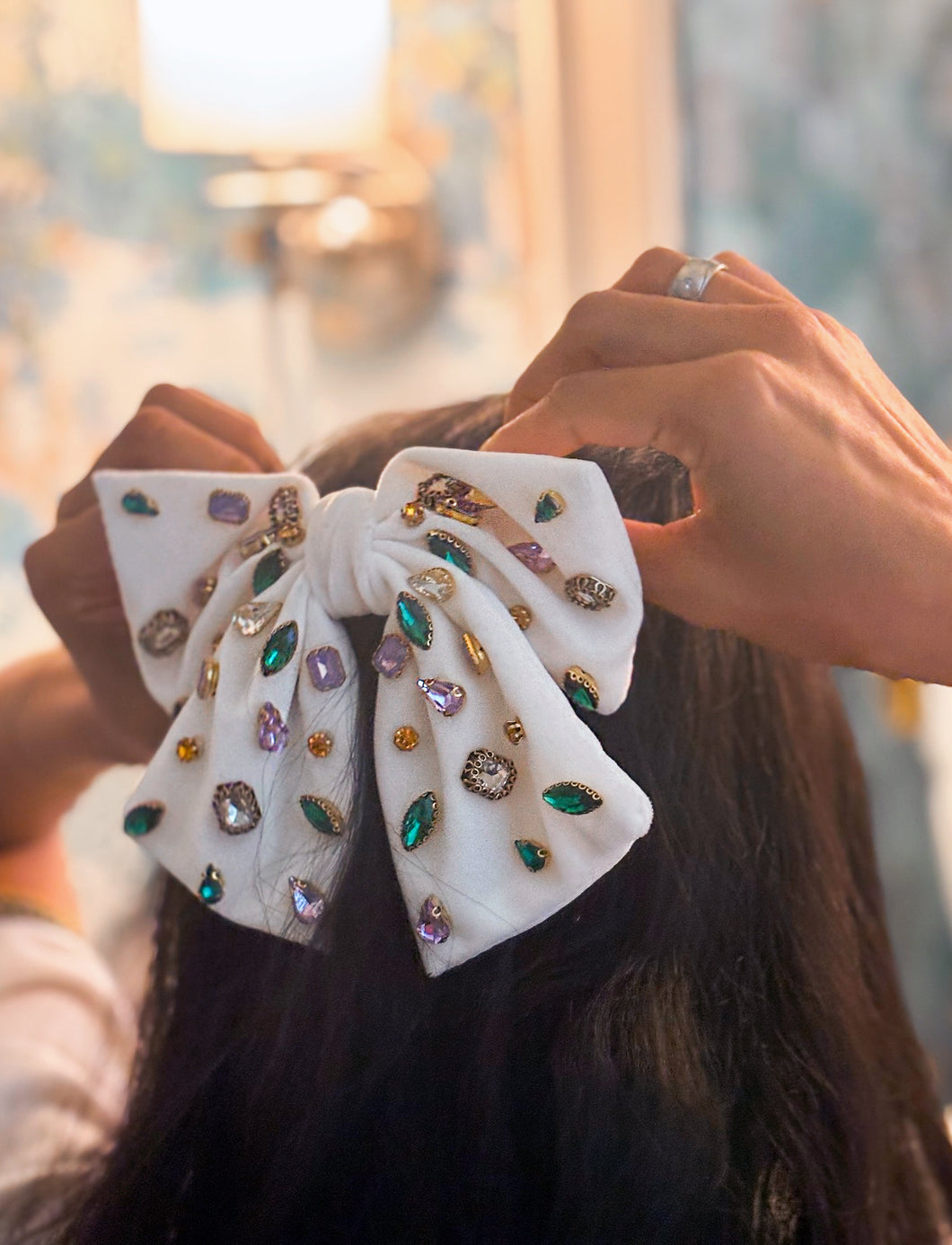 Bejeweled Velvet Bow - White