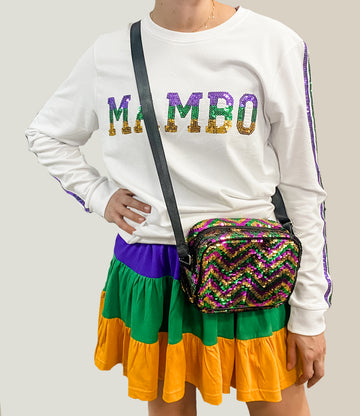 Bolso cruzado Chevron de lentejuelas morado, verde y dorado