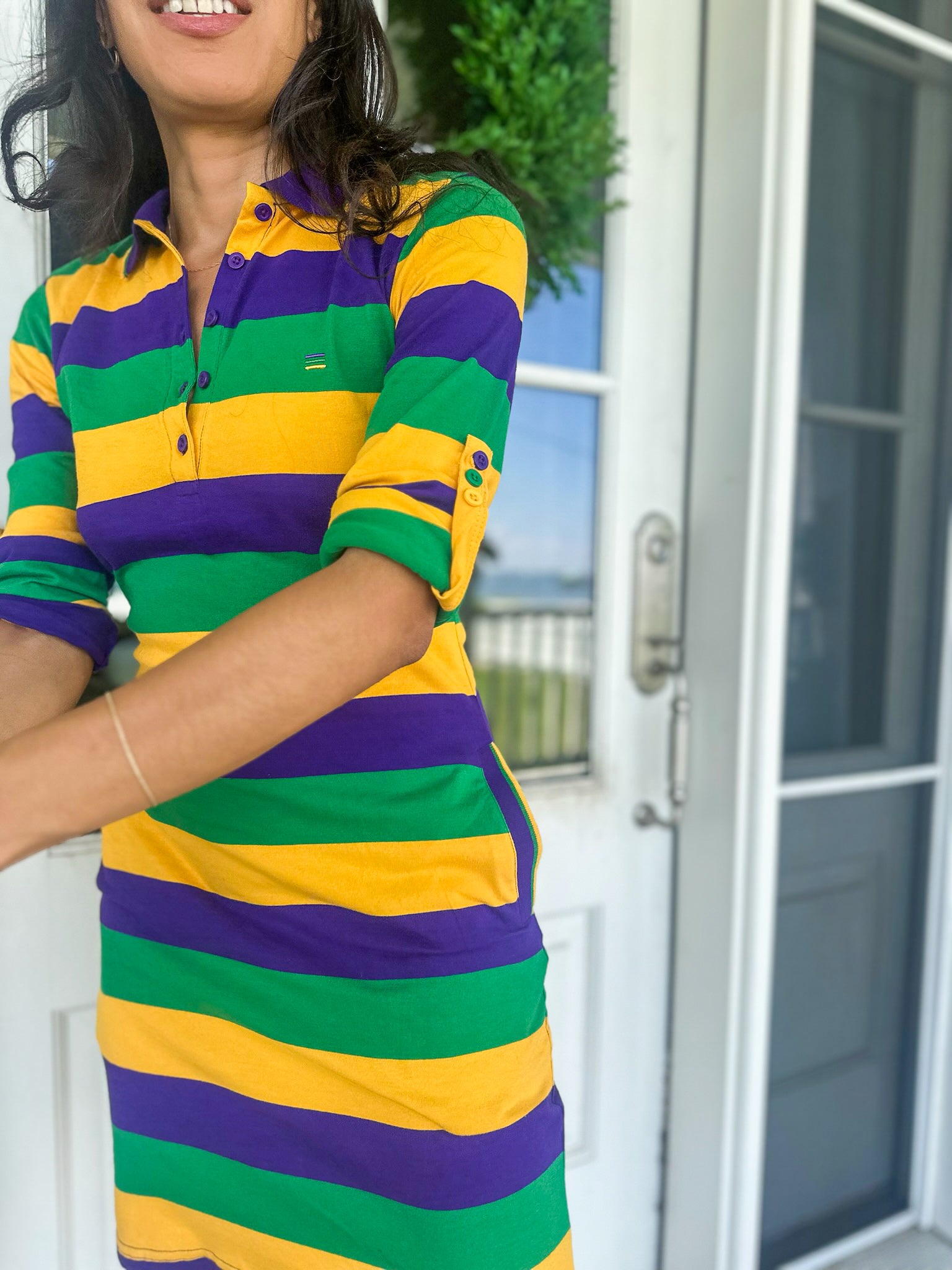 purple and green striped dress Vintage Purple Chevron Stripe Dress, 1970s Fine Wool Trapeze Dress With Butterfly Collar in Green & Lavender, Sz Small