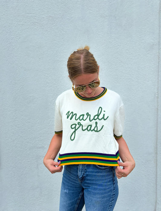 Adult Short Sleeve Tinsel Crop - Mardi Gras