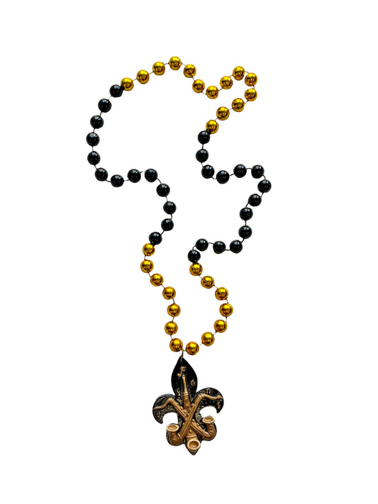 Médaillon Fleur de Lys Saxophone Doré sur Perle Spéciale Noire et Dorée