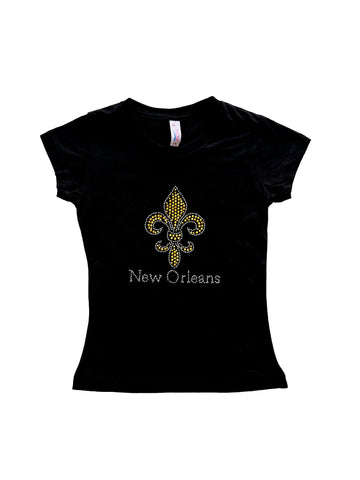 Camiseta juvenil con pedrería de oro y plata y flor de lis de corte princesa