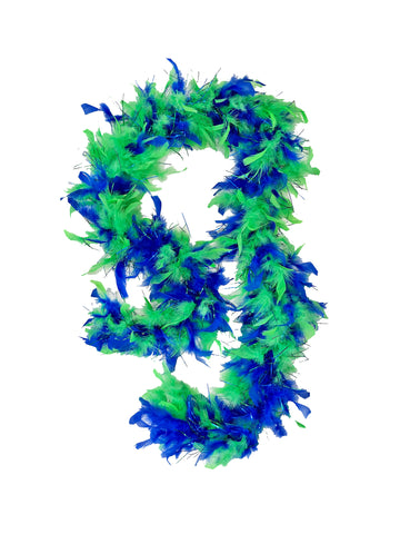 Boas de plumas de dos tonos azul rey y verde con brillo a juego