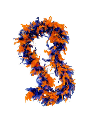 Boas en plumes bicolores orange et bleu marine avec ruban assorti