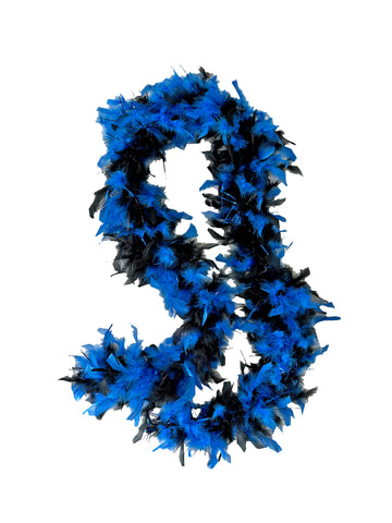 Des boas en plumes bicolores bleus et noirs avec des accessoires en aluminium assortis
