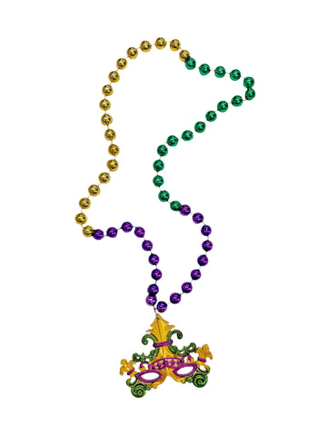 Máscara veneciana con medallón de flor de lis sobre abalorios especiales morados, verdes y dorados